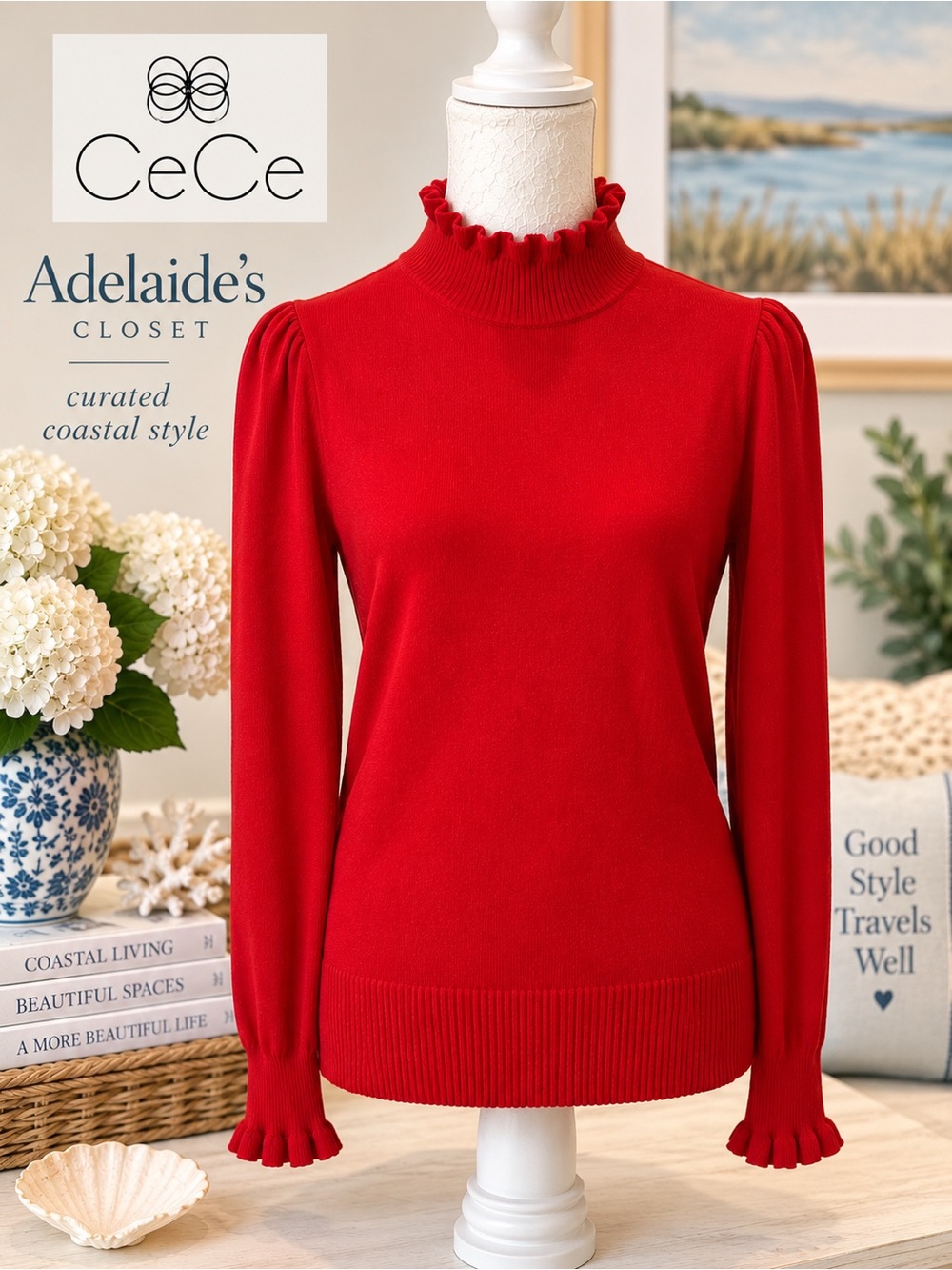 CeCe Red Ruffle Mock Neck Puff Sleeve Sweater – Medium